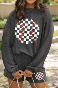Corded Checkerboard Baseball Graphic Long Sleeve Top and Shorts Set Dark Gray