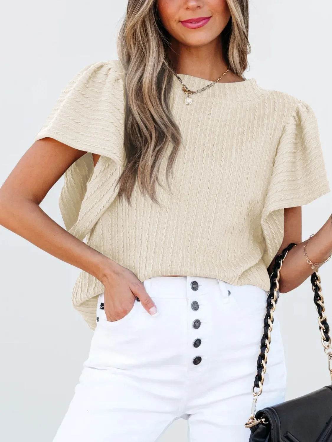 Stylish Round Neck Ruffle Sleeve Top - Slightly Stretchy, 65% Viscose & 35% Polyester, Machine Washable - Store 42