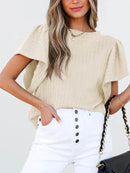 Stylish Round Neck Ruffle Sleeve Top - Slightly Stretchy, 65% Viscose & 35% Polyester, Machine Washable - Store 42