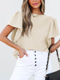 Stylish Round Neck Ruffle Sleeve Top - Slightly Stretchy, 65% Viscose & 35% Polyester, Machine Washable - Store 42