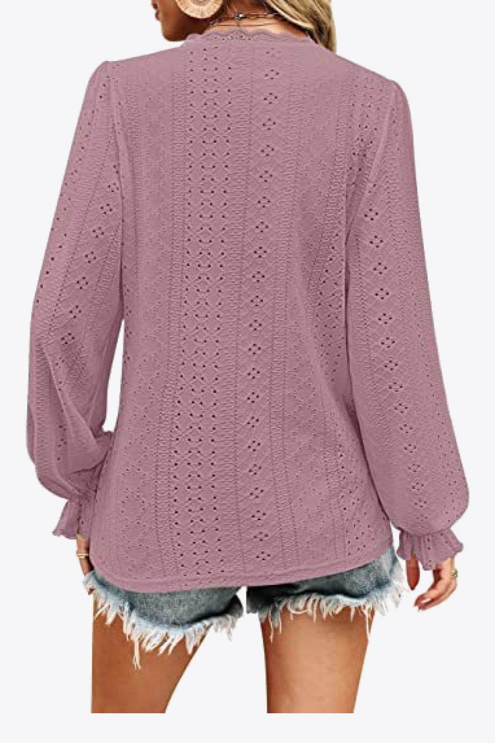Trendy Eyelet V-Neck Blouse with Flounce Sleeves - Opaque, Highly Stretchy, Lined - 100% Polyester