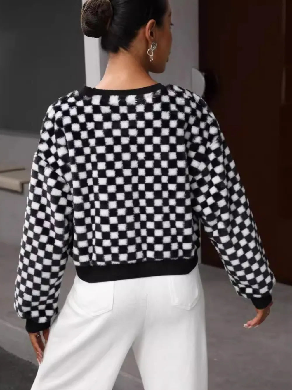 Trendsi Plaid Round Neck Long Sleeve Sweatshirt - 100% Polyester, Opaque, No Stretch