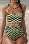 Dotted Mesh Plaid Patchwork High Waisted Swim Set Moss