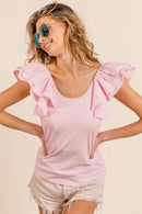 BiBi Wide Layered Ruffle Sleeve Scoop Neck Ribbed Top - Store 42