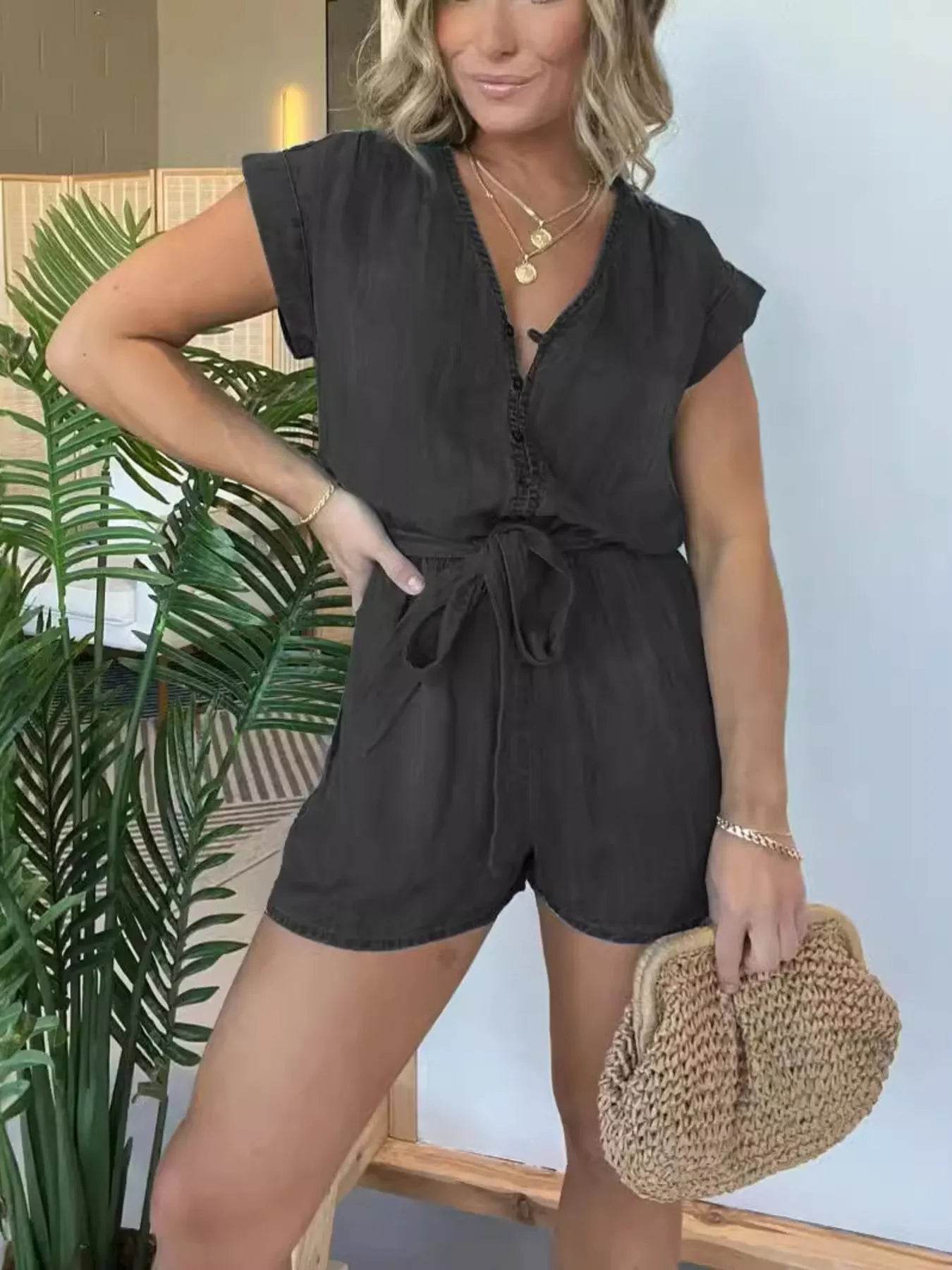 Full Size Tie Waist Cap Sleeve Denim Romper Plus Size - Store 42