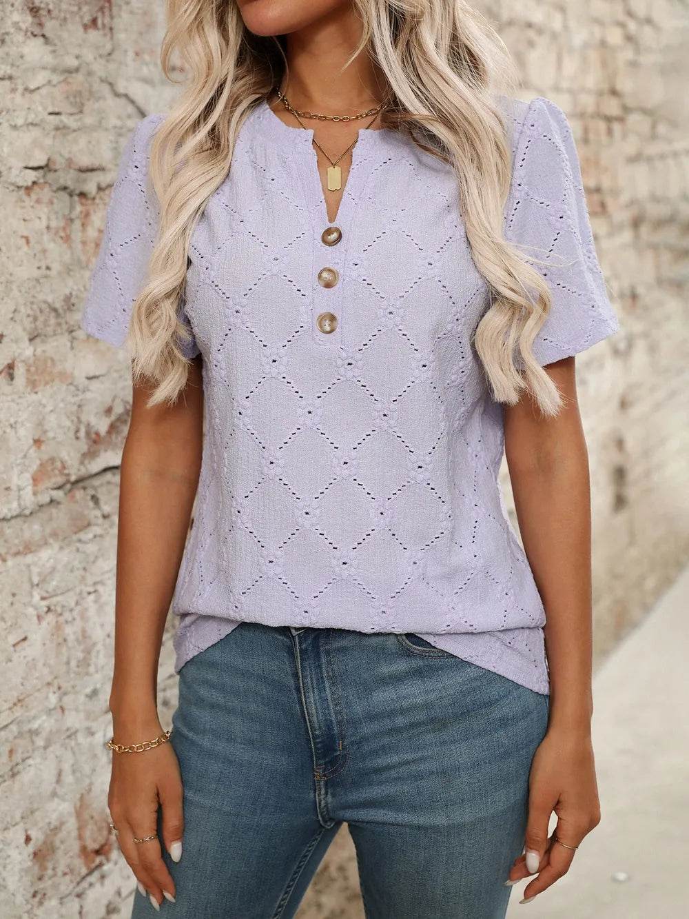 Stylish Eyelet Notched Top with Decorative Buttons - Short Sleeve & Slightly Stretchy, Opaque Fabric - Store 42