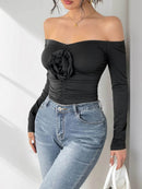 Perfee Ruched Flower Off-Shoulder Long Sleeve Bodysuit - Store 42