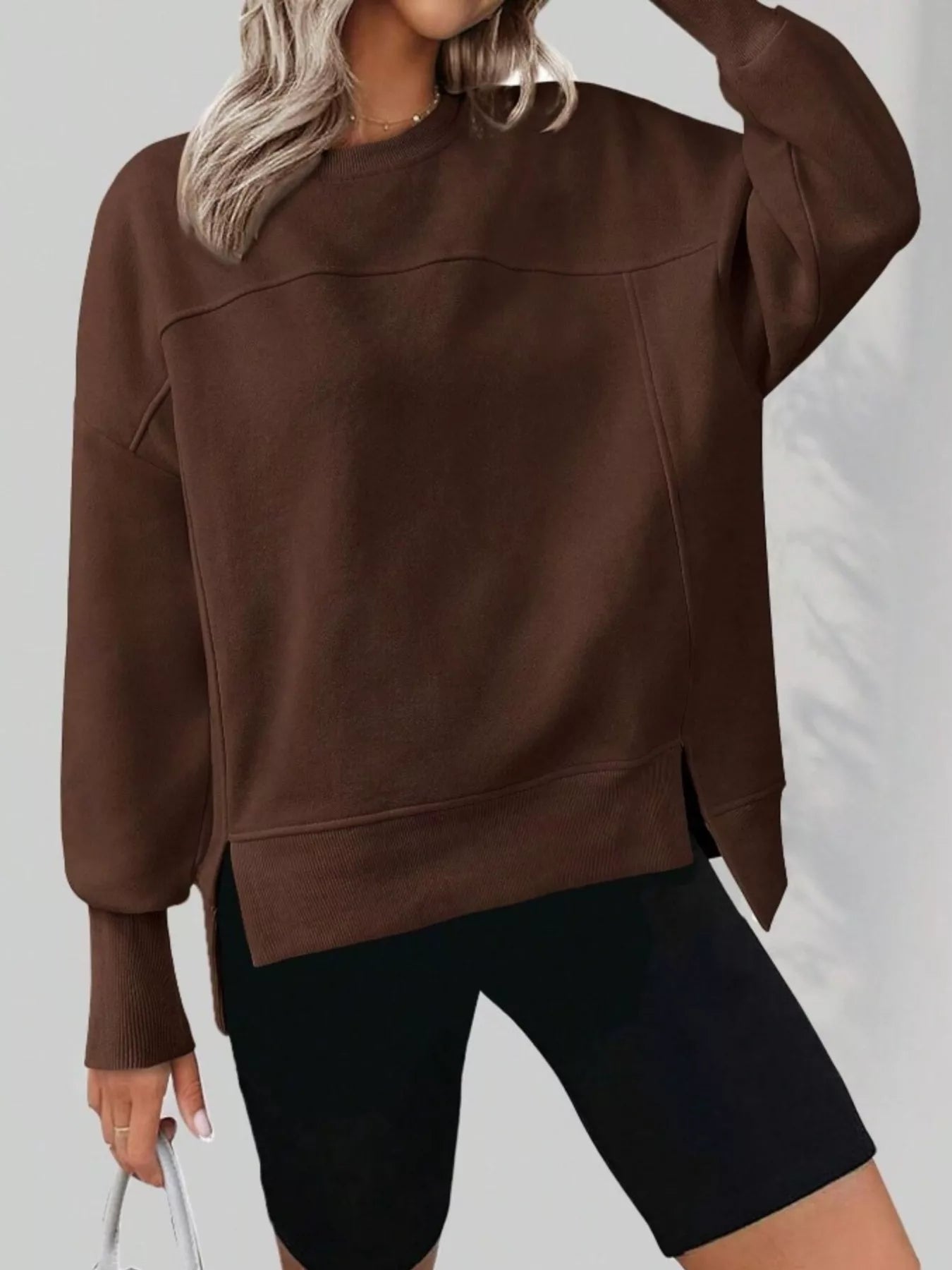 Oversized Slit Round Neck Sweatshirt with Dropped Shoulders - Soft Stretch Fabric