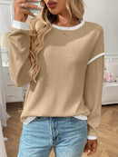 Slightly Stretchy Ribbed Long Sleeve Top with Contrast Trim - Elegant Basic Style - Store 42