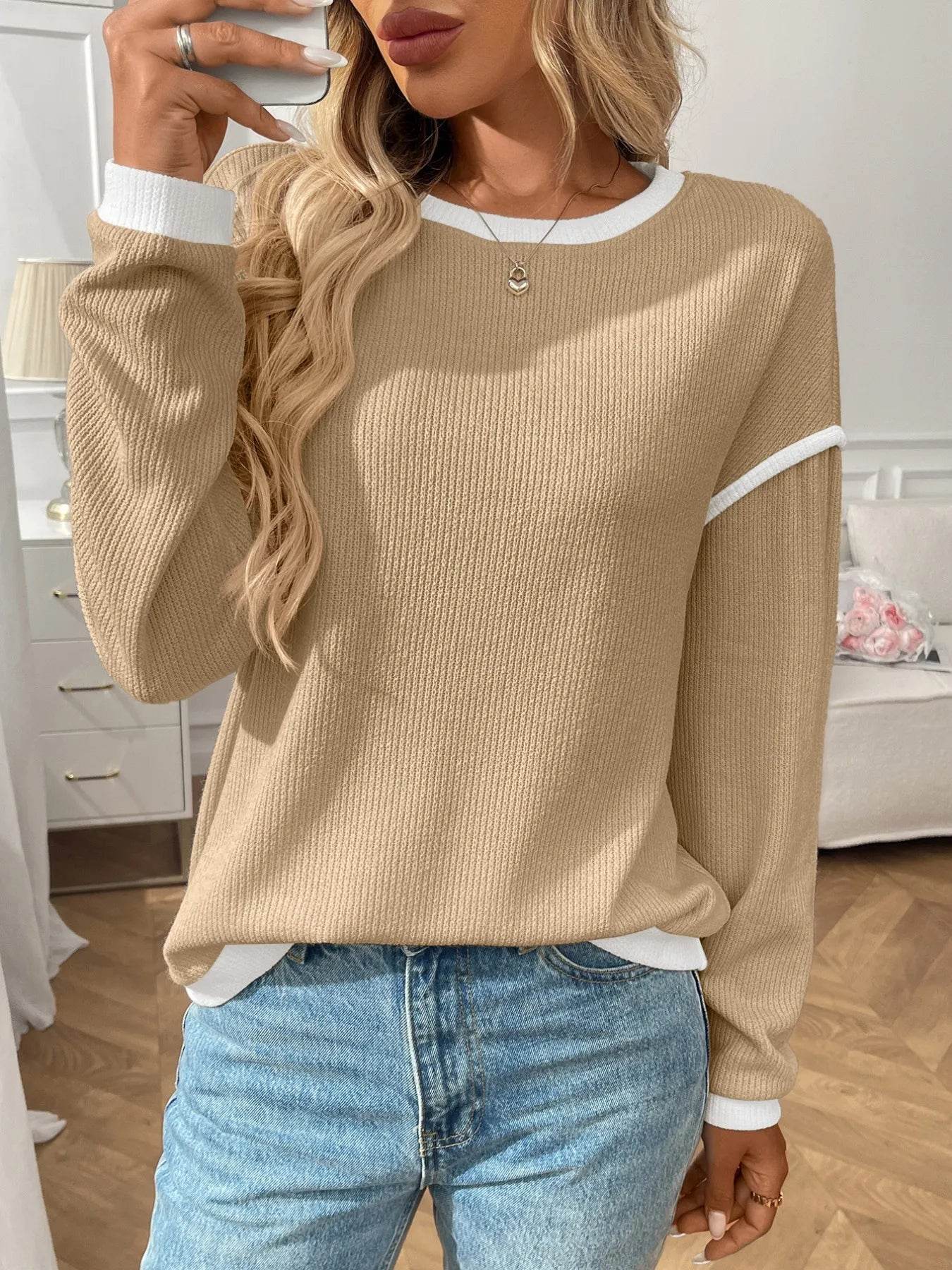 Slightly Stretchy Ribbed Long Sleeve Top with Contrast Trim - Elegant Basic Style - Store 42