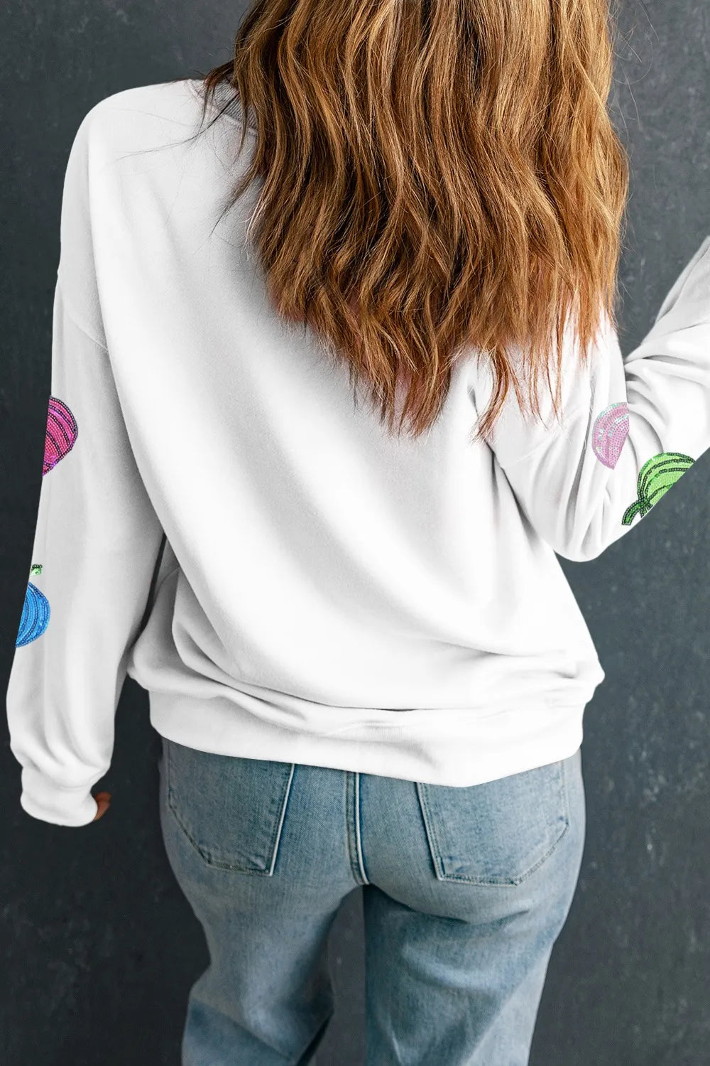 Trendy Pumpkin Long Sleeve Sweatshirt with Sequin Detail - Comfortable & Stylish