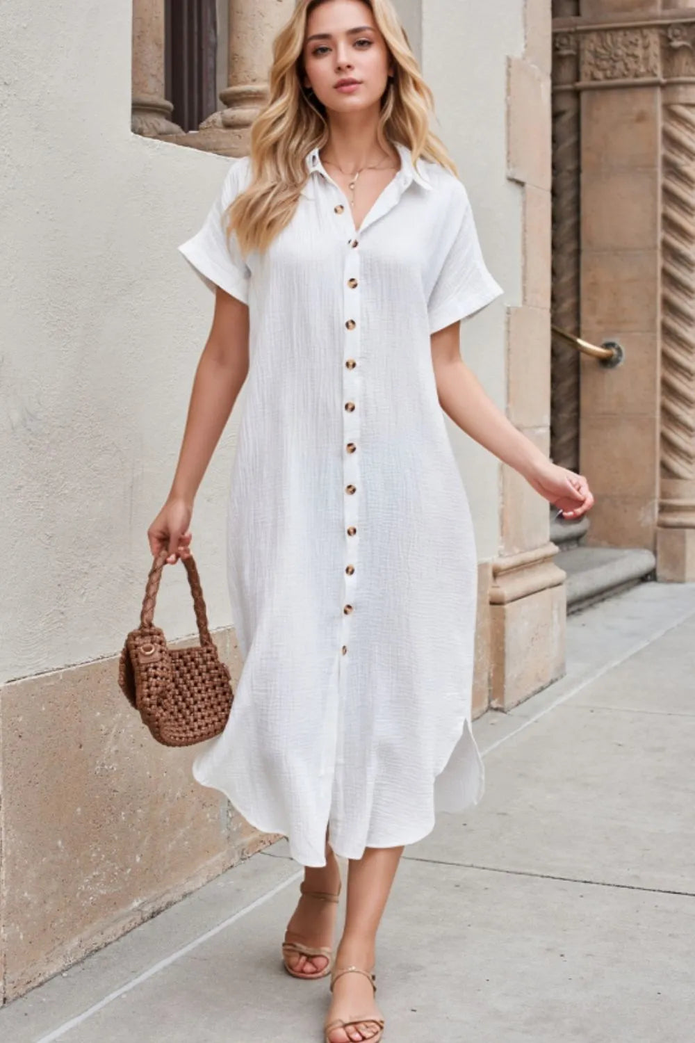 Trendy Button Down Short Sleeve Midi Shirt Dress with Slits - 100% Polyester, Opaque Style