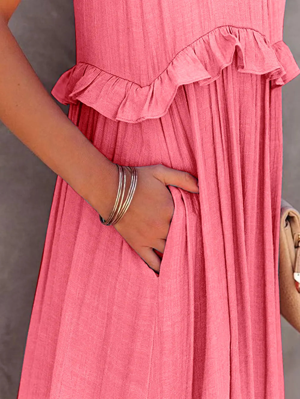Ruffled Sleeveless Tiered Maxi Dress with Pockets - High-Low Opaque 100% Polyester