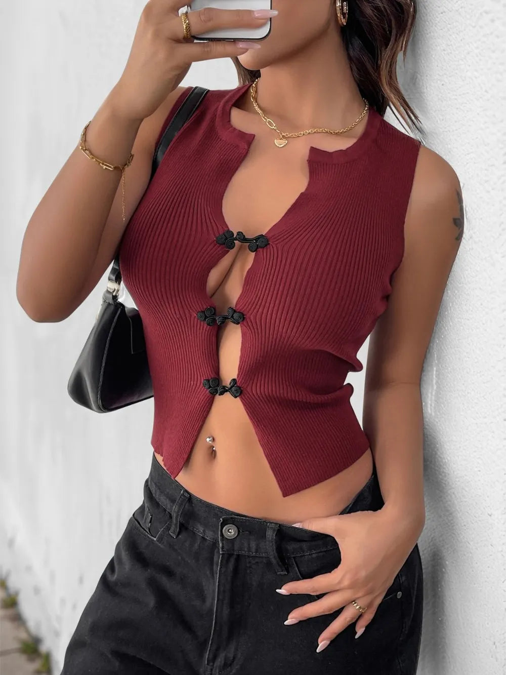 Perfee Cropped Tank Top With Ribbed Knot Detail And Button Closure - Opaque & Stretchy Fabric