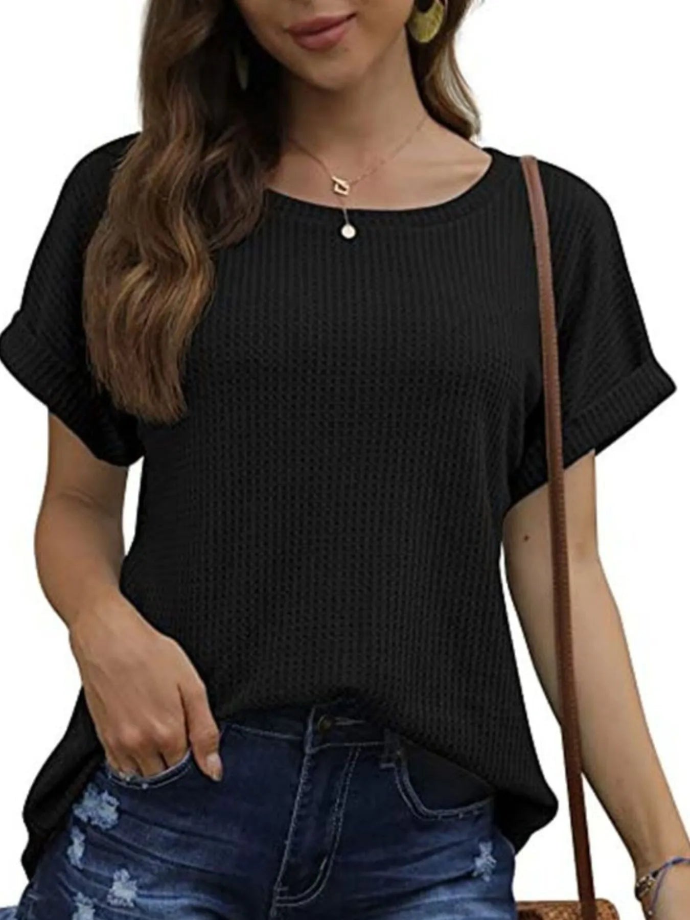 Full Size Waffle Knit Relaxed Fit T-Shirt Plus Size