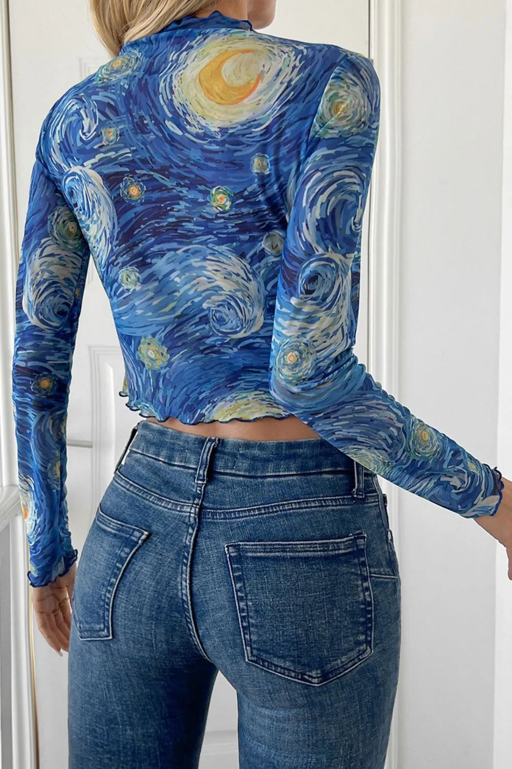 Starry Sky Cropped Mesh T-Shirt - Sheer Slightly Stretchy Style in 95% Polyester