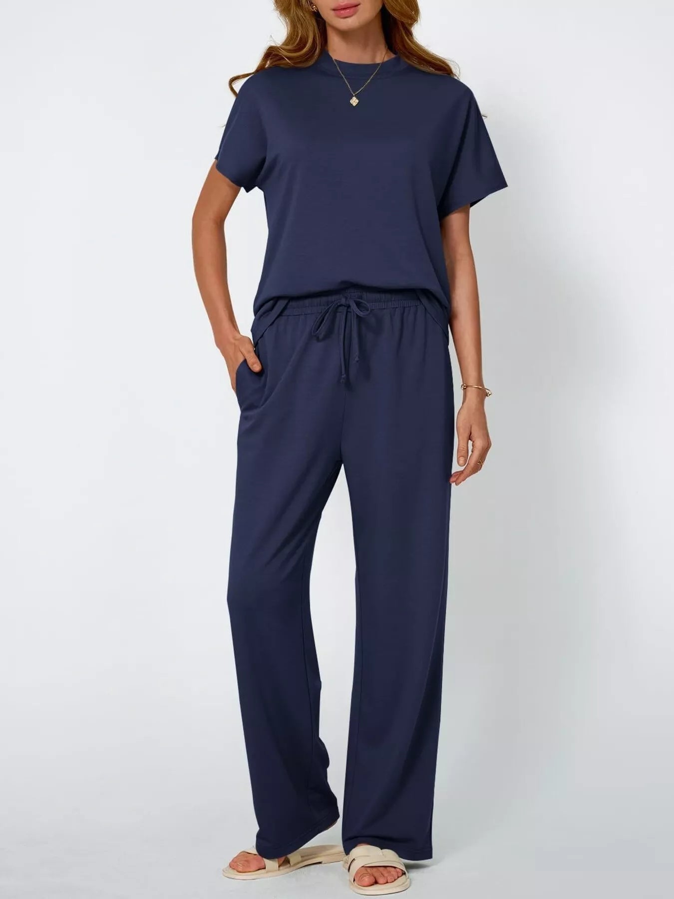 Full Size Round Neck Short Sleeve Top and Pants Set Plus Size