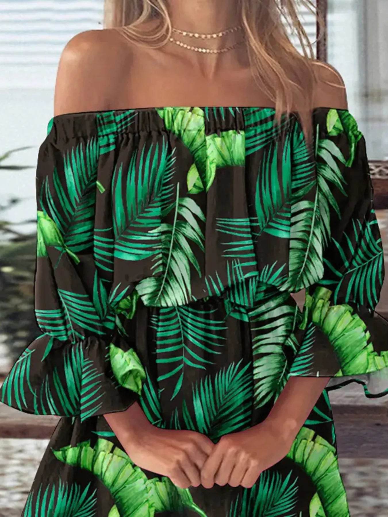 Full Size Floral Off-Shoulder Flounce Sleeve Mini Dress Plus Size - Store 42