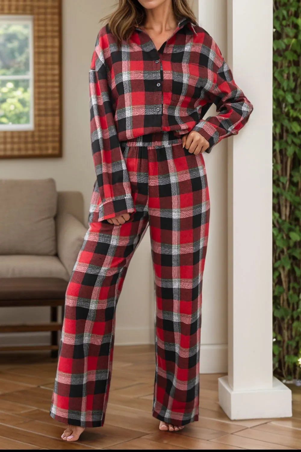 Plaid Long Sleeve Top and Pants Lounge Set with Pockets - Cozy Opaque 2-Piece Outfit