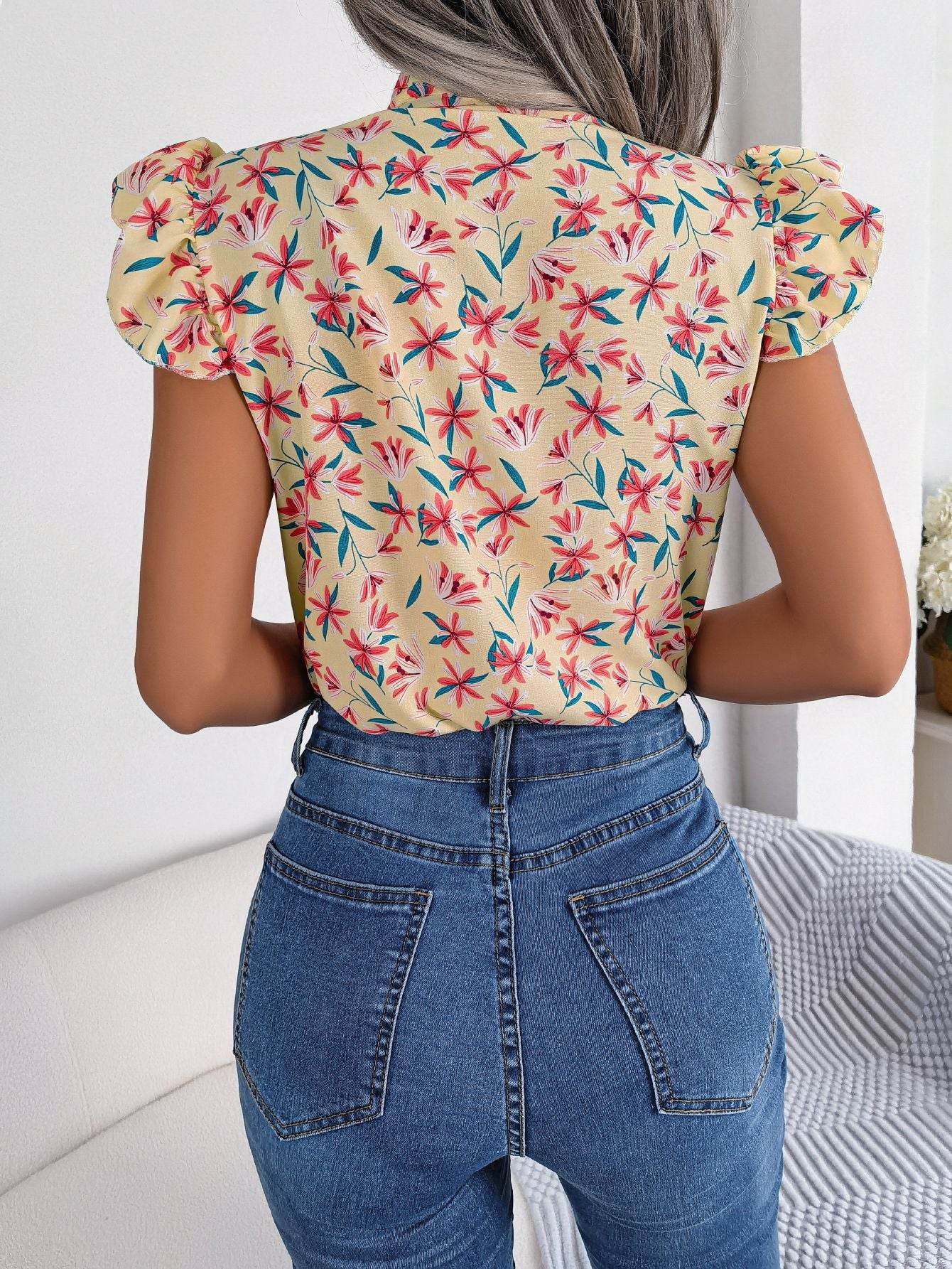 Floral Printed Tie Neck Blouse with Flutter Cap Sleeves - Casual Opaque Top