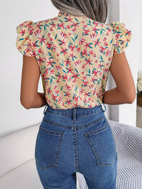 Floral Printed Tie Neck Blouse with Flutter Cap Sleeves - Casual Opaque Top - Store 42