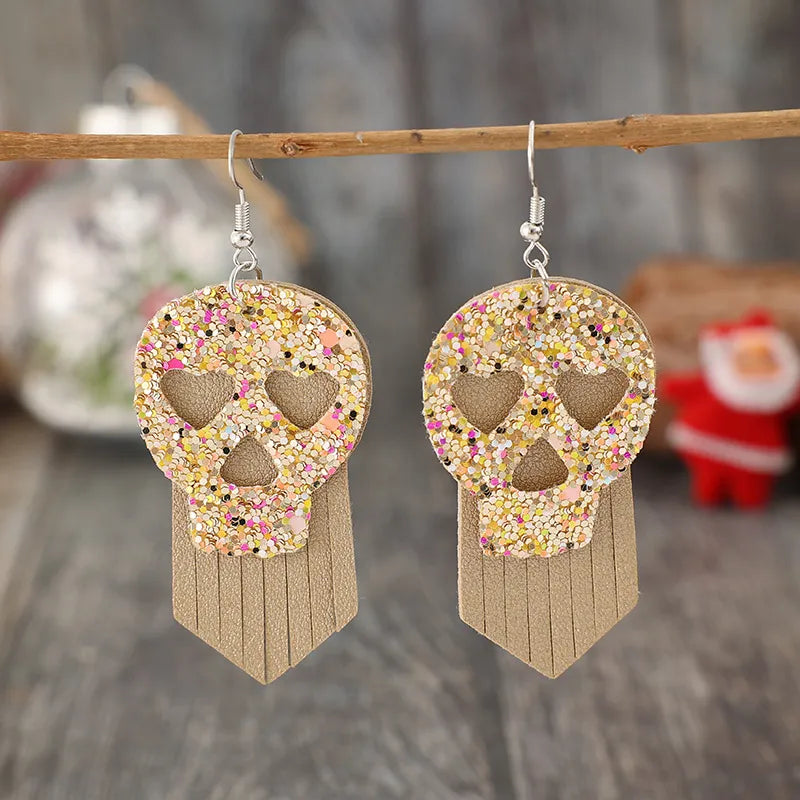 Trendy Sequin Skull Dangle Earrings - Stylish PU Leather with Alloy Accents - 3.2 In Length