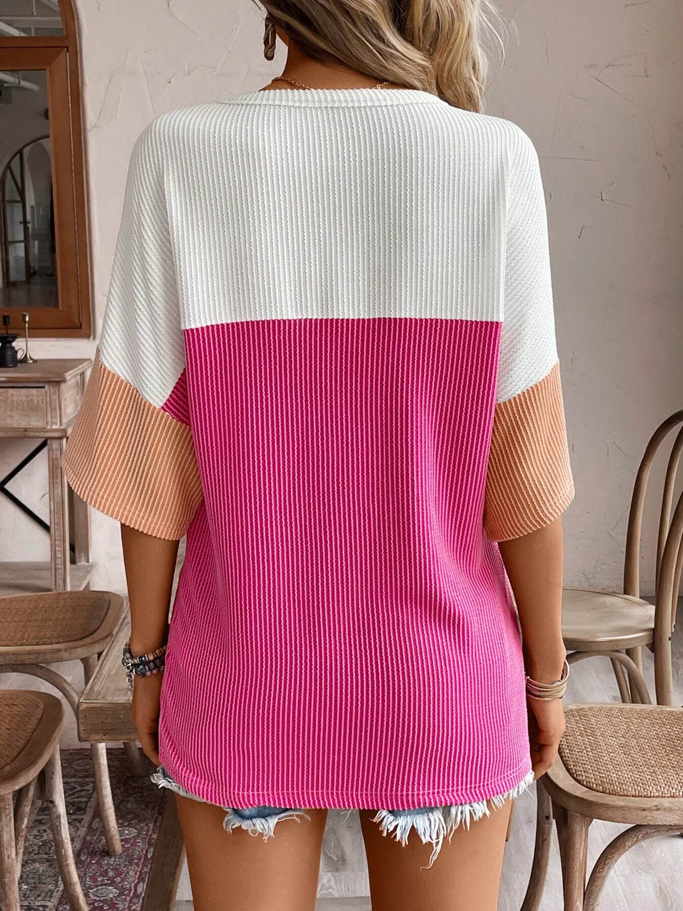 Stylish Color Block Ribbed Knit T-Shirt for Casual Outfits - Slightly Stretchy Fabric