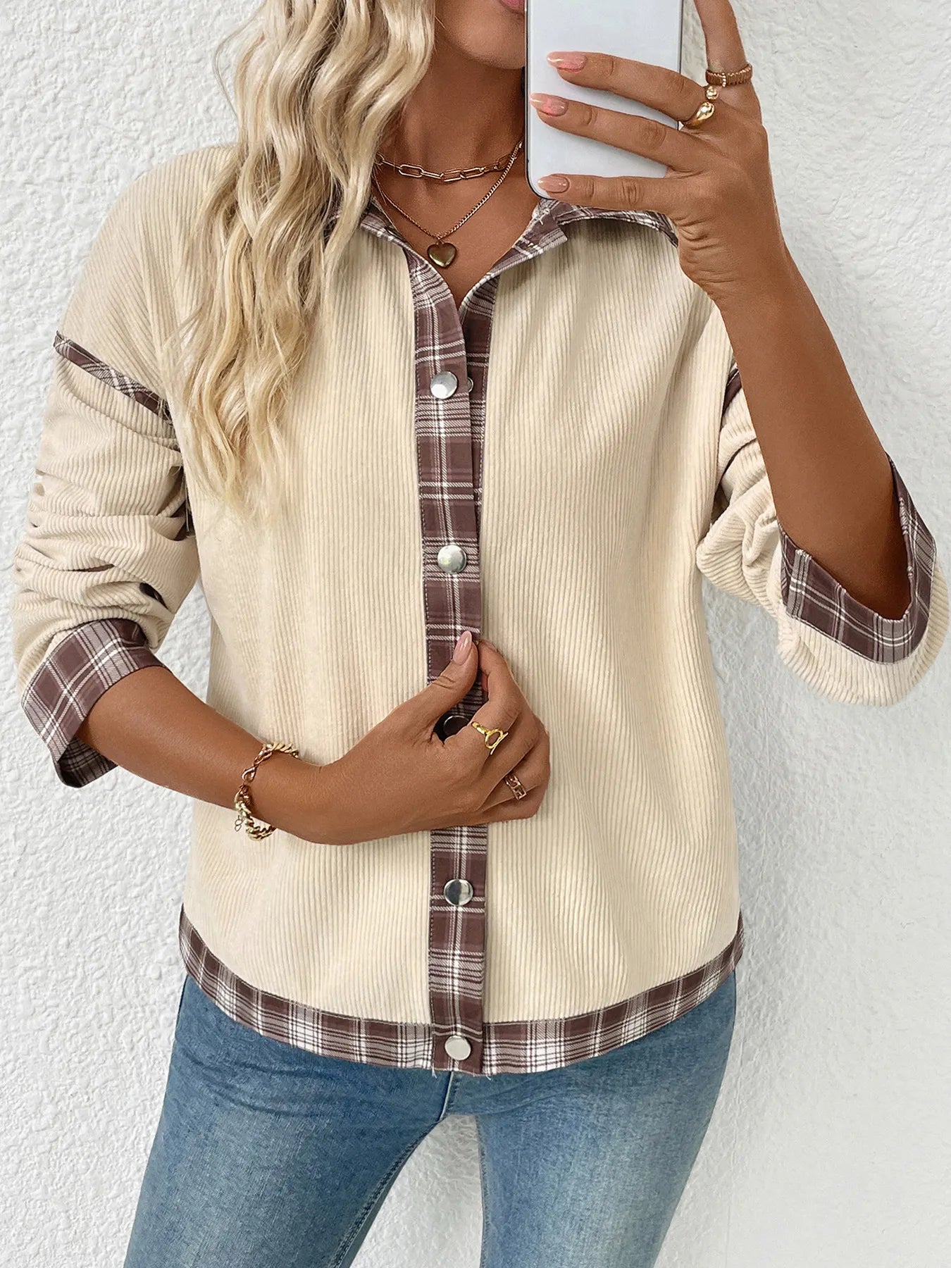 Plaid Hem Button Up Long Sleeve Shacket