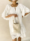 Eyelet Embroidered Tassel Tie Neck Dress