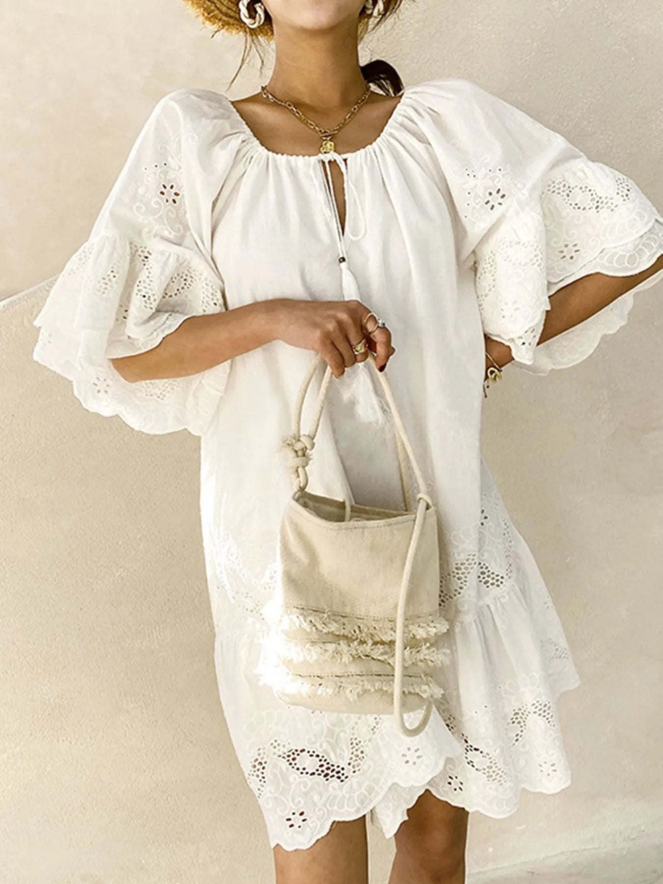 Eyelet Embroidered Tassel Tie Neck Dress