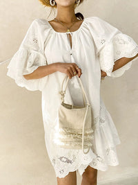 Eyelet Embroidered Tassel Tie Neck Dress