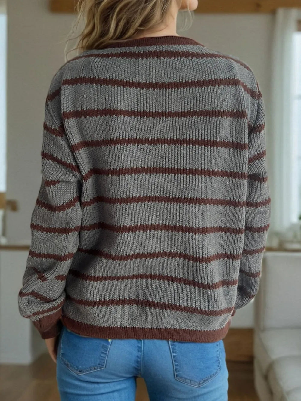 Buttoned Striped Round Neck Long Sleeve Cardigan - Slightly Stretchy Fabric, Cozy Style