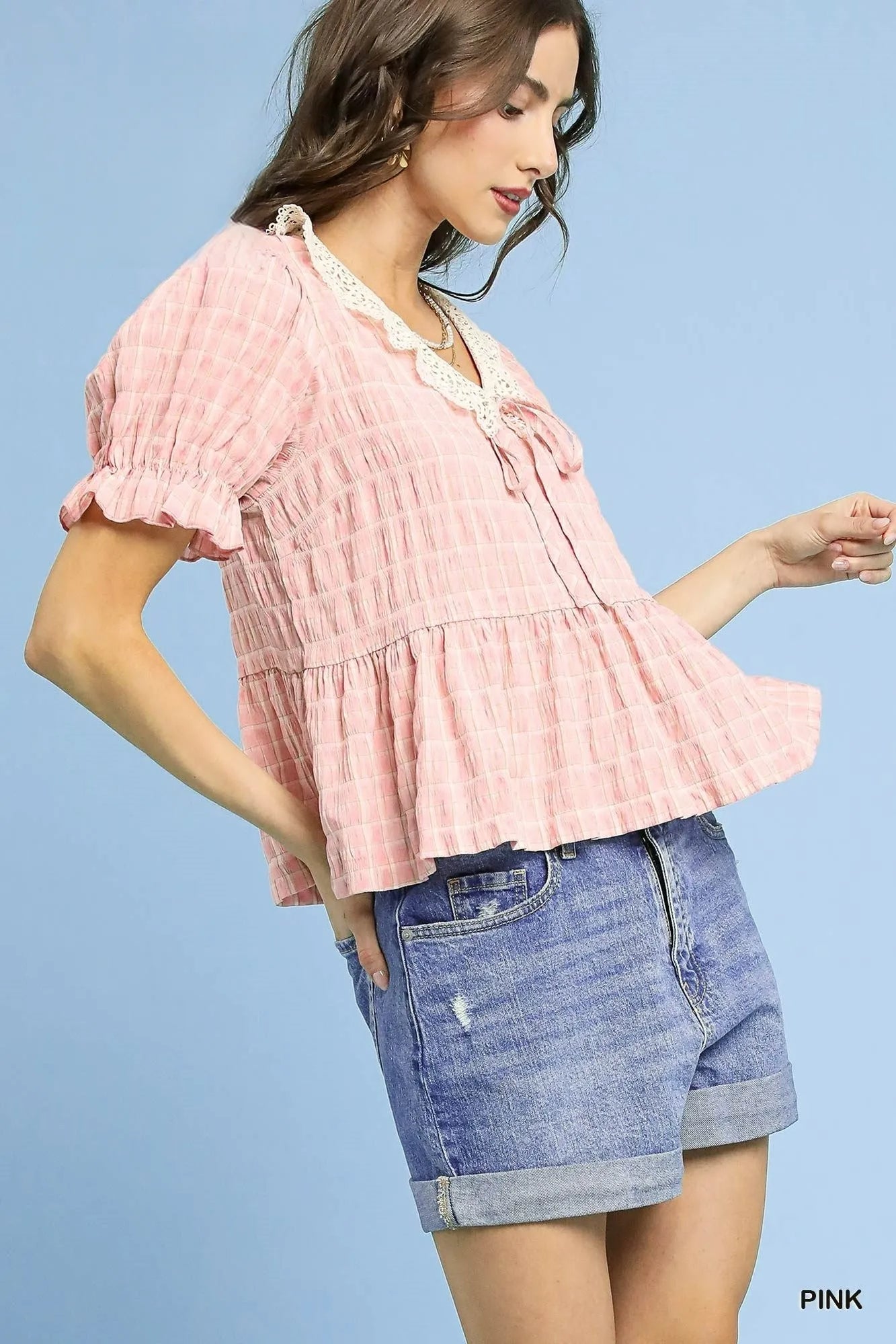 Romantic Pink Gingham Lace Peplum Blouse with Ruffle Hem and Puff Sleeves