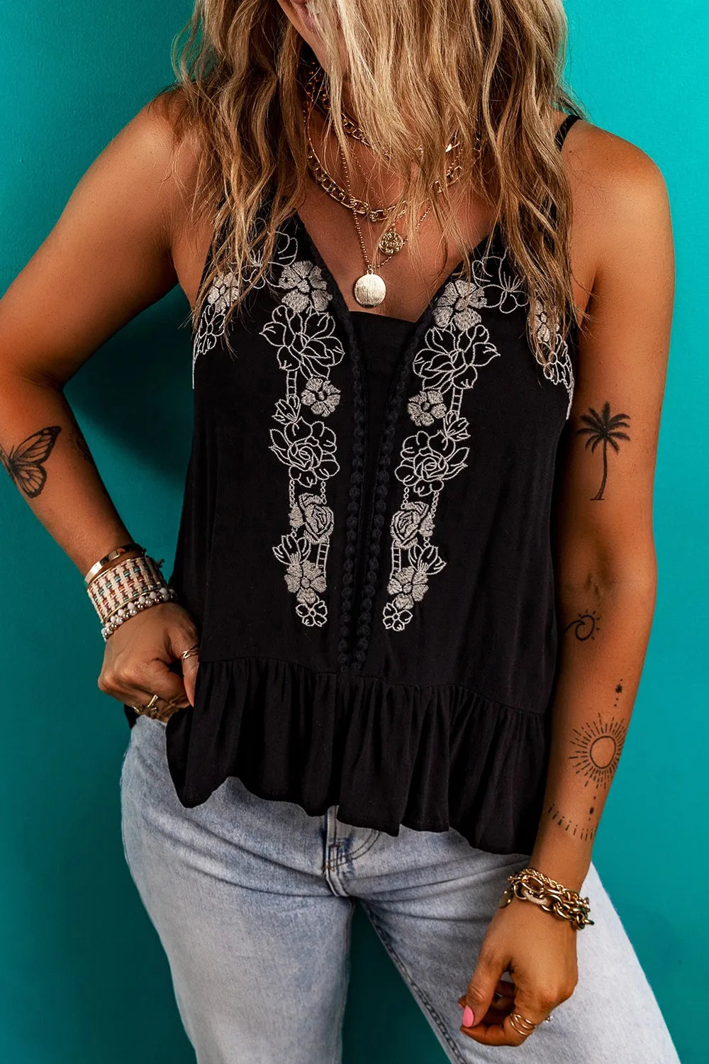Embroidered Floral Ruffled Hem Cami Top - Opaque Viscose Summer Fashion