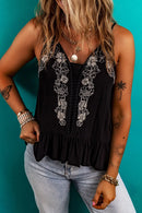 Floral Ruffled Hem Embroidery Cami Black
