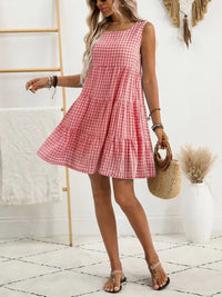 Plaid Round Neck Sleeveless Mini Dress