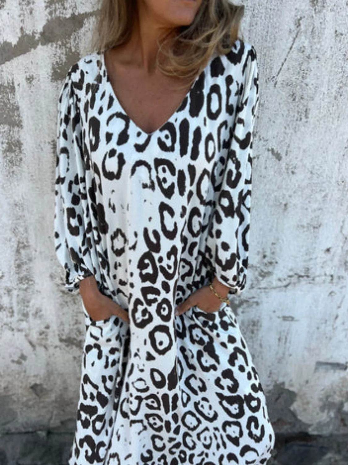 Full Size Printed V-Neck Dress with Pockets Plus Size - Store 42