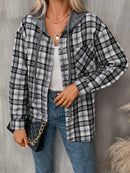 Plaid Button-Up Hooded Shirt Black