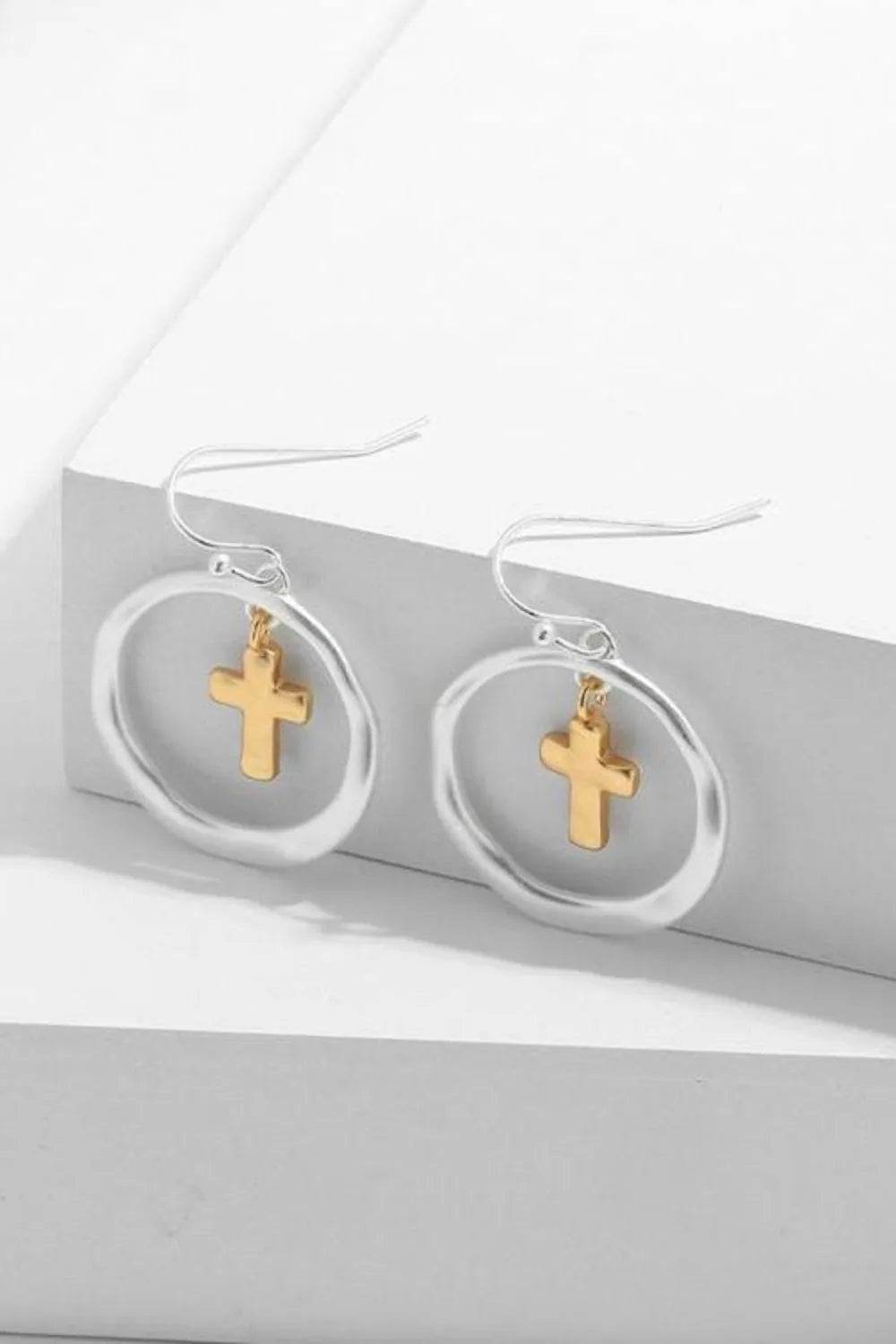 Elegant Brass Contrast Cross Dangle Earrings - Gold-Plated, Unique Design - Store 42