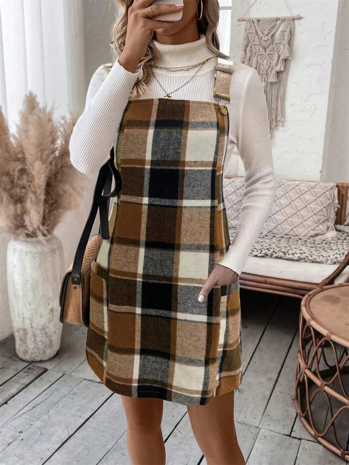 Plaid Square Neck Mini Dress