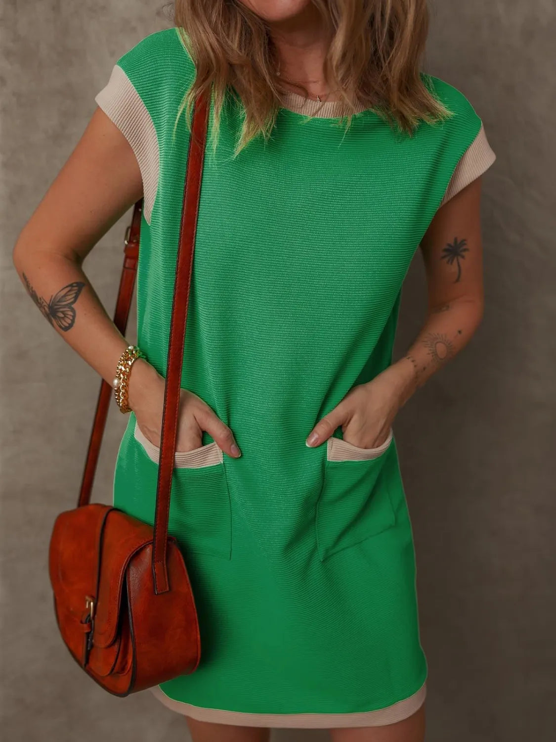 Round Neck Cap Sleeve Mini Dress Green