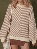 Stripe Checkerboard Drop Shoulder Balloon Sleeve Sweater