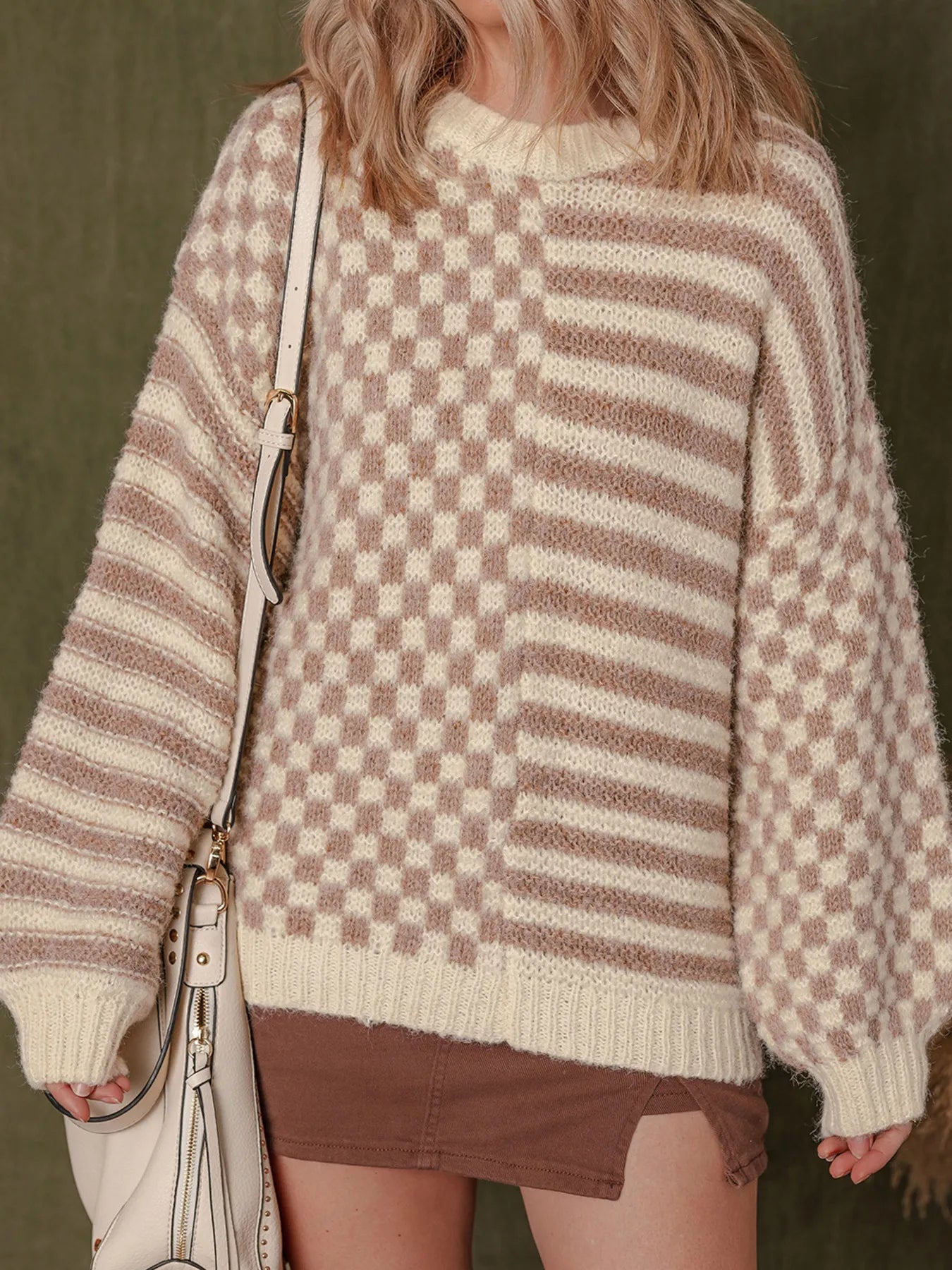 Stripe Checkerboard Drop Shoulder Balloon Sleeve Sweater