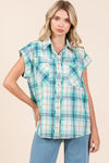 Mittoshop Mineral Wash Plaid Button Down Shirt Turquoise