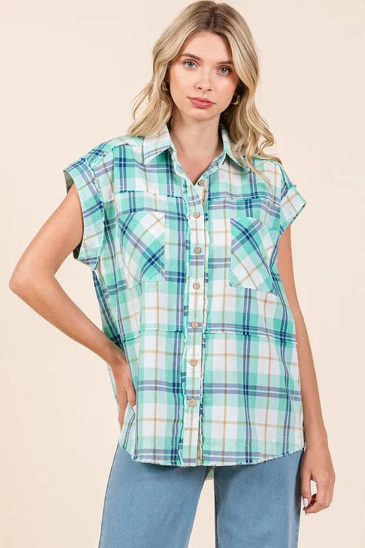 Mineral Wash Plaid Button Down Shirt - Unique Edgy Design, 100% Cotton, Versatile Style