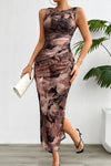 Printed Ruched Slit Sleeveless Midi Dress Brown