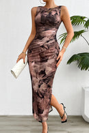 Printed Ruched Slit Sleeveless Midi Dress Brown