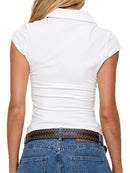 Trendy Solid Color Cap Sleeve Polo Shirt - Slightly Stretchy, Buttoned Viscose Blend - Store 42