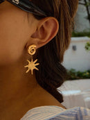 18K Gold-Plated Celestial Sun Drop Earrings with Spiral Stud, Hypoallergenic and Elegant Design - Store 42