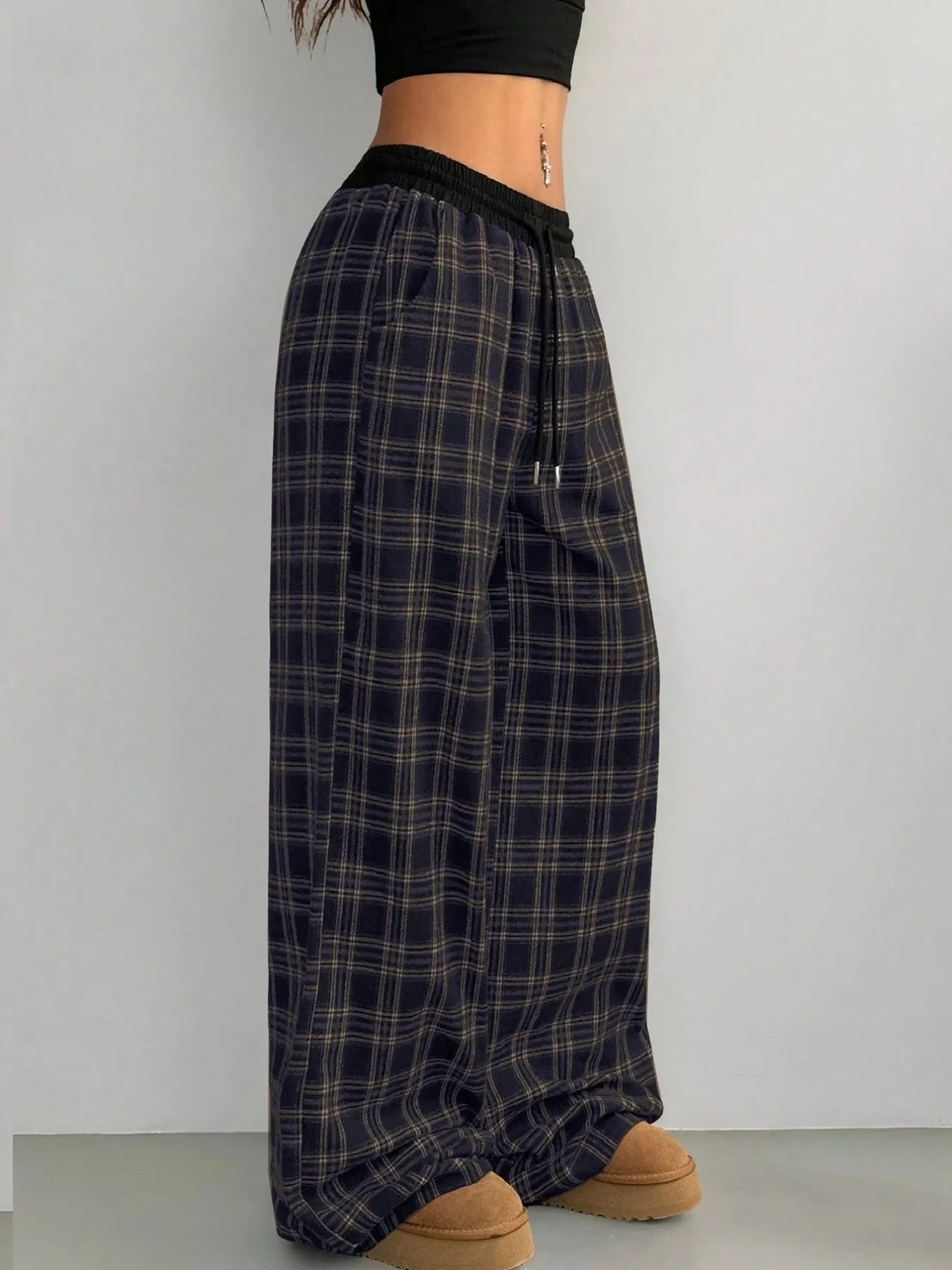 Plaid Wide Leg Pants with Drawstring Waist